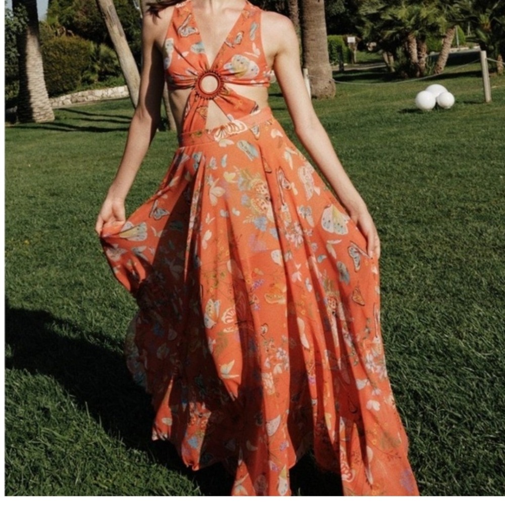 My Beachy Side Begonia Butterflies Maxi Dress Orange Cutout Embroidery NEW Small